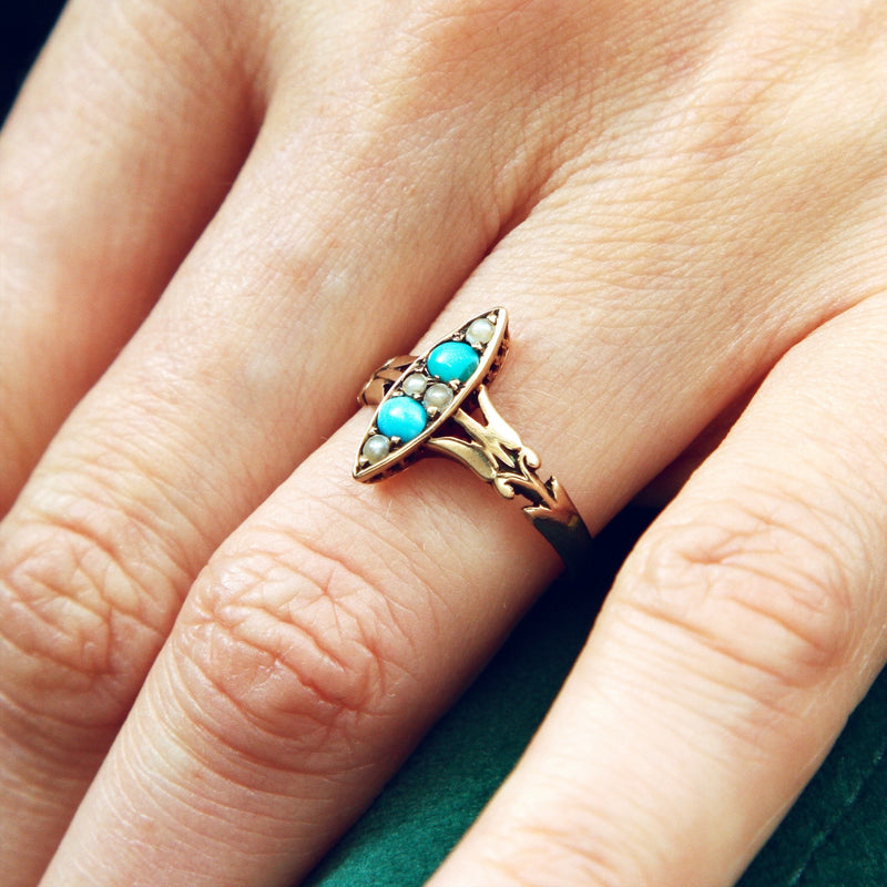 Poetic Art Nouveau Turquoise & Seed Pearl Ring