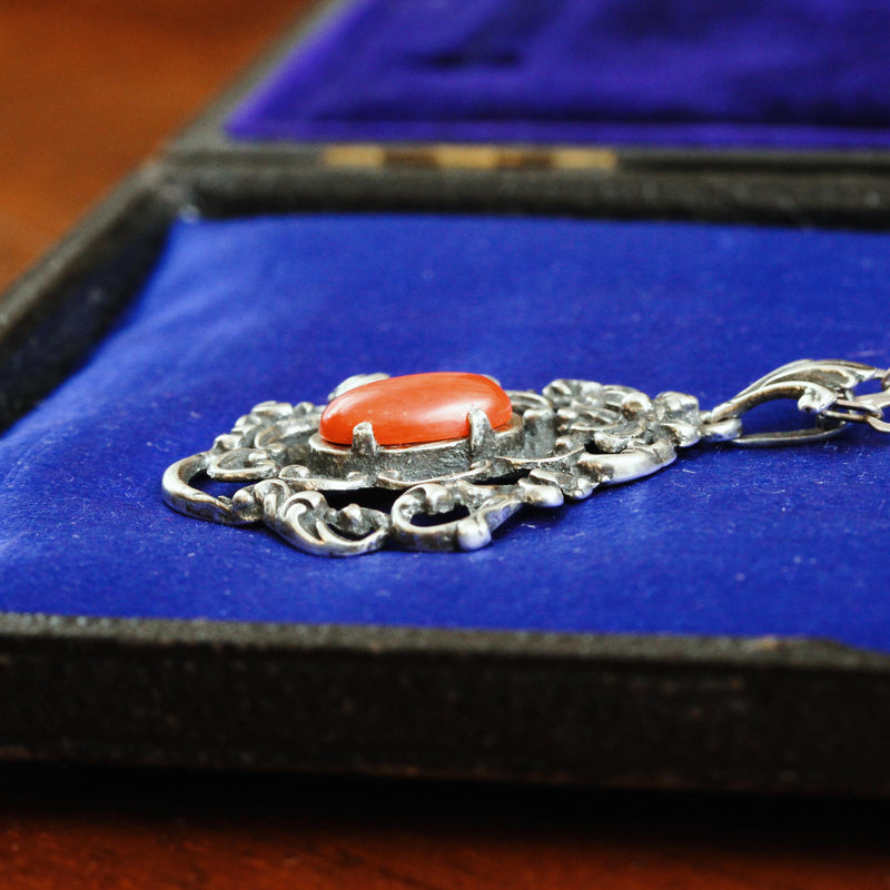 Mid Century Silver & Coral Pendant