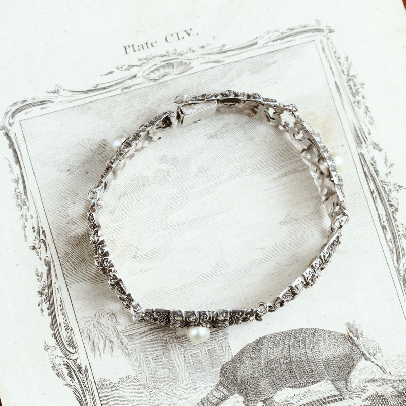 Vintage Glam Silver Marcasite & Pearl Bracelet