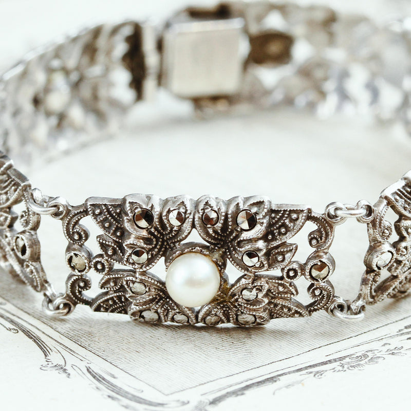 Vintage Glam Silver Marcasite & Pearl Bracelet