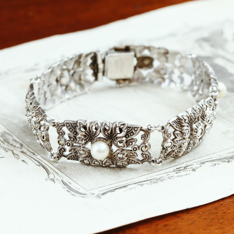 Vintage Glam Silver Marcasite & Pearl Bracelet