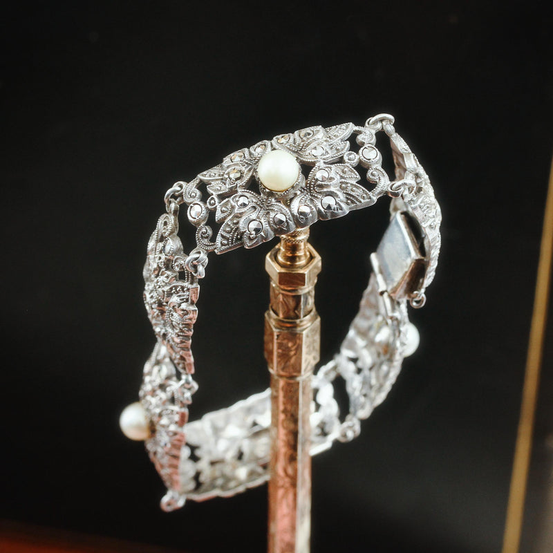 Vintage Glam Silver Marcasite & Pearl Bracelet