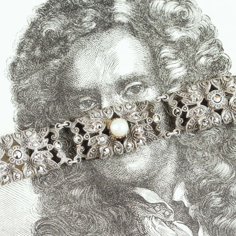 Vintage Glam Silver Marcasite & Pearl Bracelet