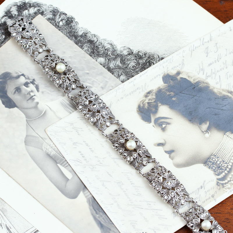 Vintage Glam Silver Marcasite & Pearl Bracelet