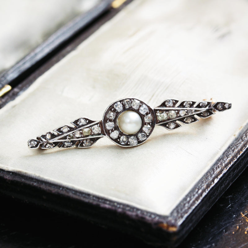 Antique Diamond and Natural Pearl Bar Brooch