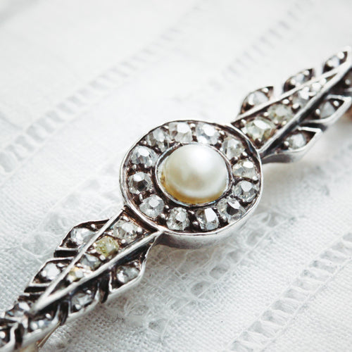 Antique Diamond and Natural Pearl Bar Brooch