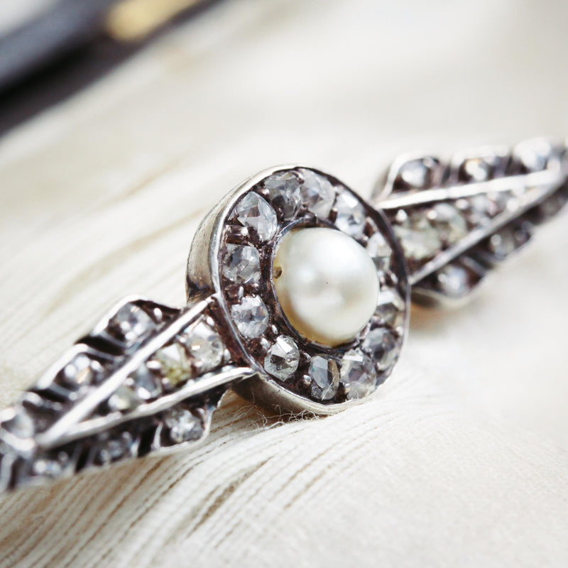1stDibs Bar Brooch with Old Cut Diamonds and Natural Half Pearls