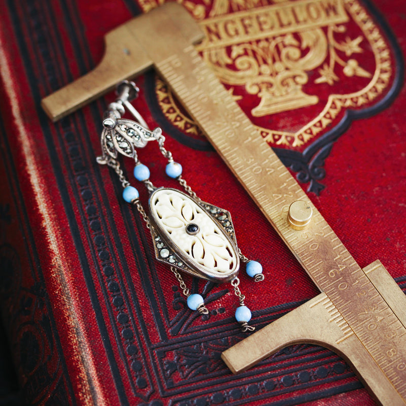 Vintage Oriental Style Bone Marcasite and Enamel Earrings