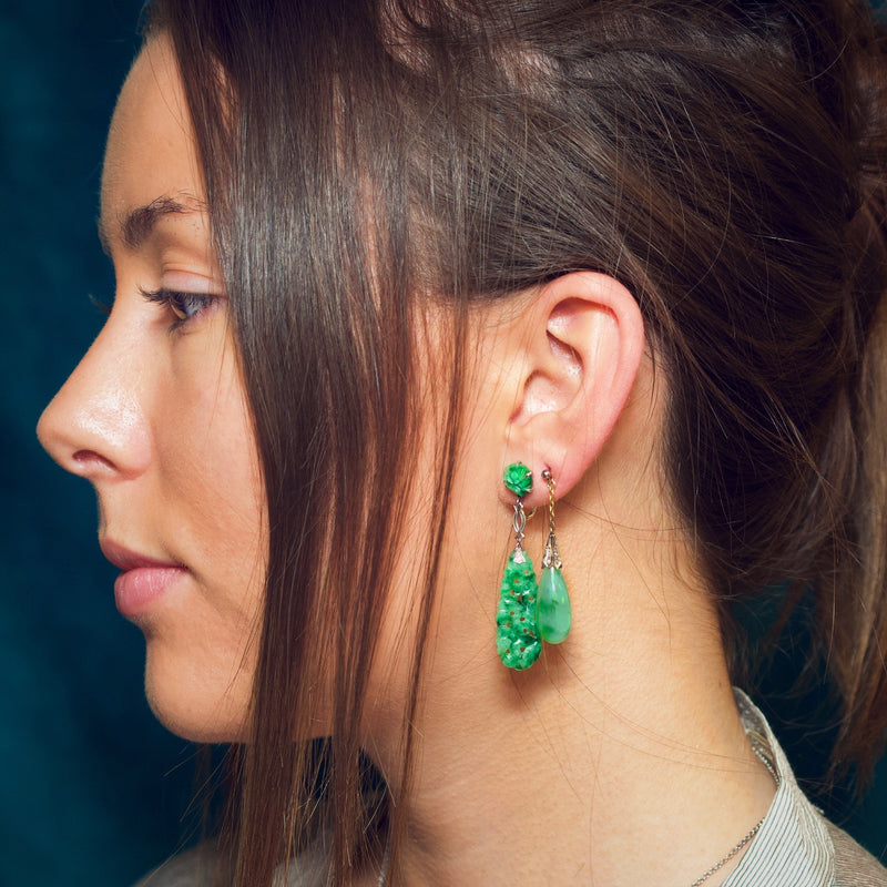 Hand Carved Vintage Jadeite Drop Earrings