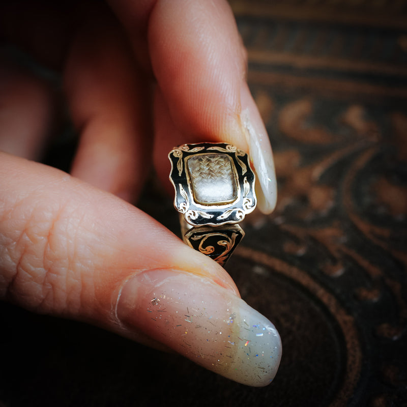 Picturesque Antique Floral Black Enamelled Mourning Ring