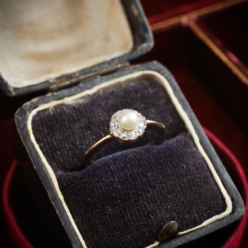 A Sweeet Little Hand Cut Diamond & Natural Pearl Cluster Ring