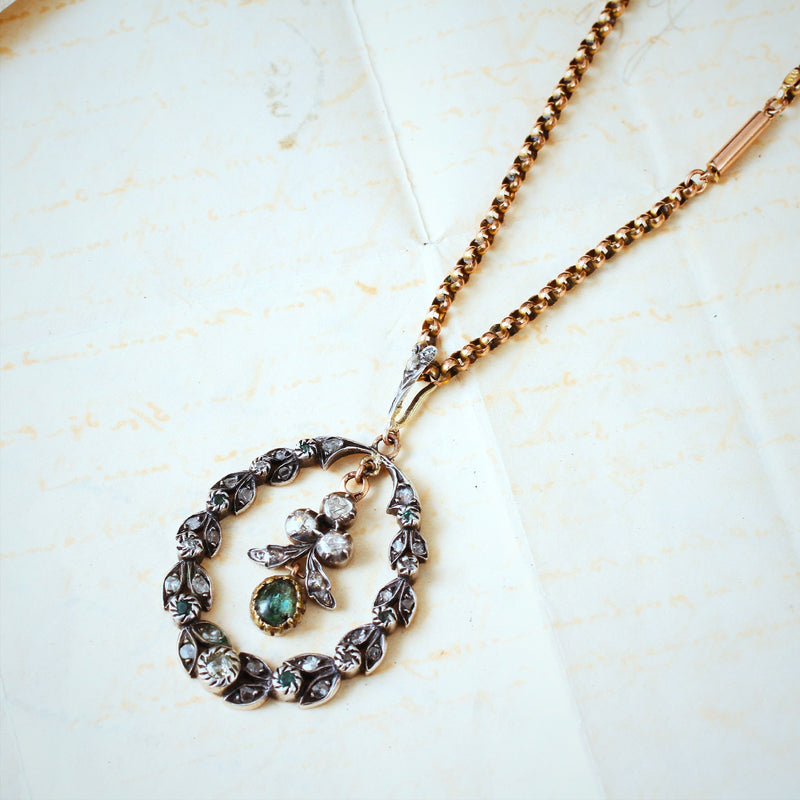 Antique Victorian Diamond & Emerald Garland Pendant