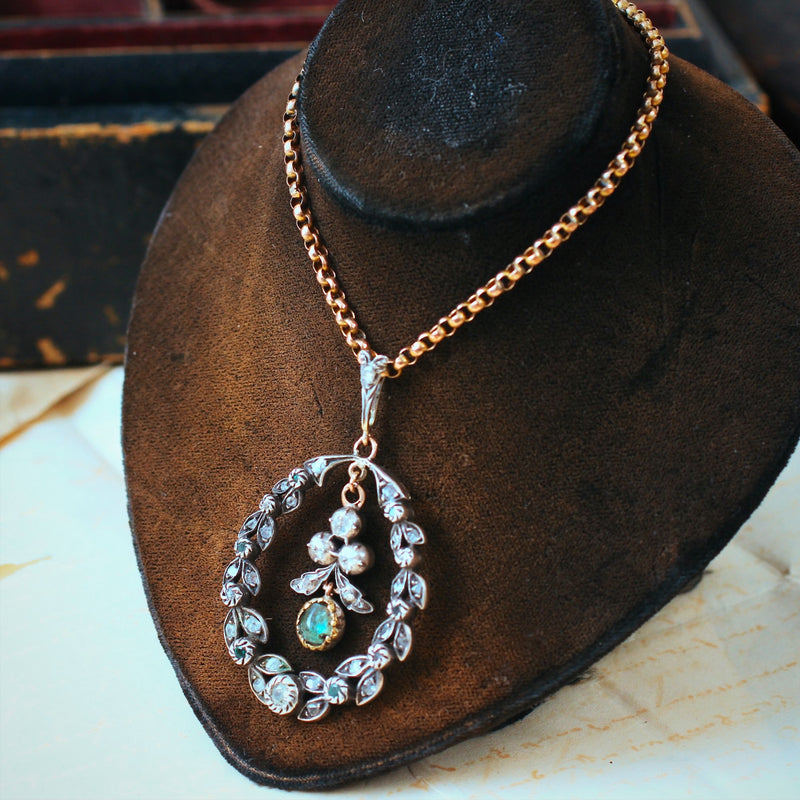 Antique Victorian Diamond & Emerald Garland Pendant