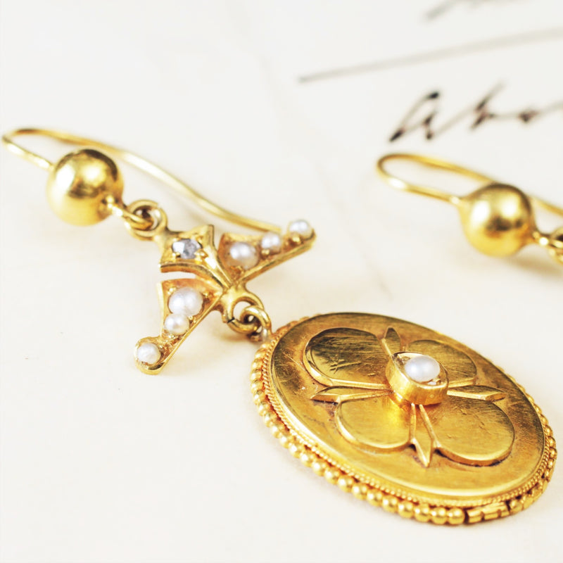 Dreamy Antique 15ct Gold Diamond & Pearl Earrings – Fetheray