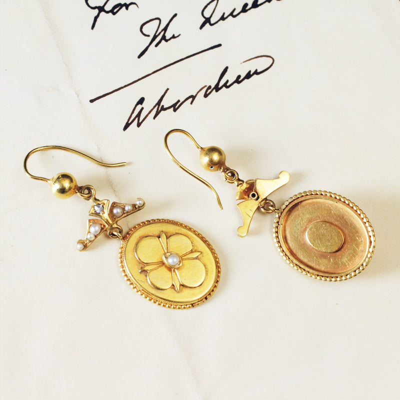 Dreamy Antique 15ct Gold Diamond & Pearl Earrings