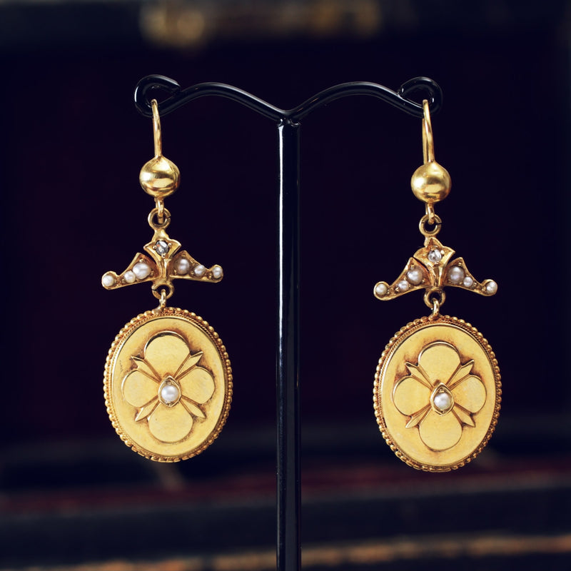 Dreamy Antique 15ct Gold Diamond & Pearl Earrings