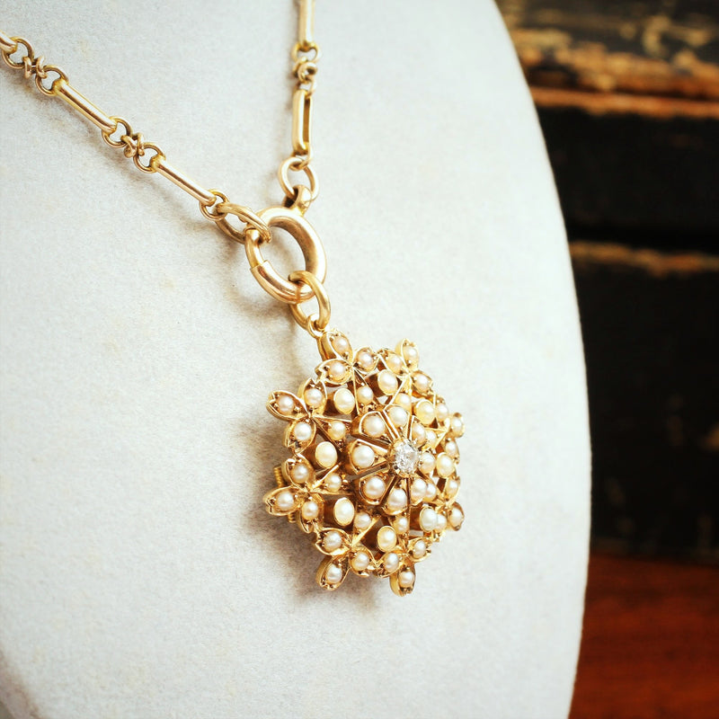 Antique 15ct Gold Seed Pearl & Diamond Pendant and Chain