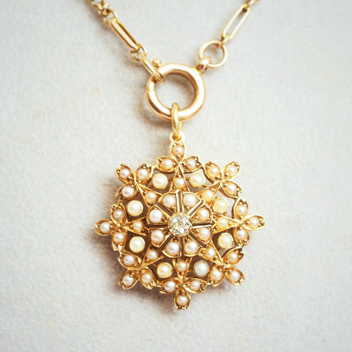 Antique 15ct Gold Seed Pearl & Diamond Pendant and Chain