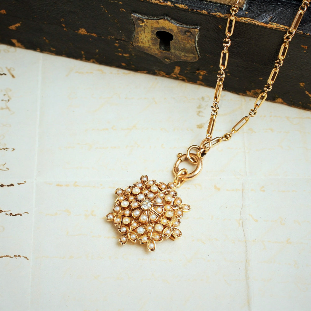 Antique 15ct Gold Seed Pearl & Diamond Pendant and Chain