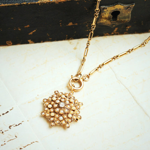 Antique 15ct Gold Seed Pearl & Diamond Pendant and Chain