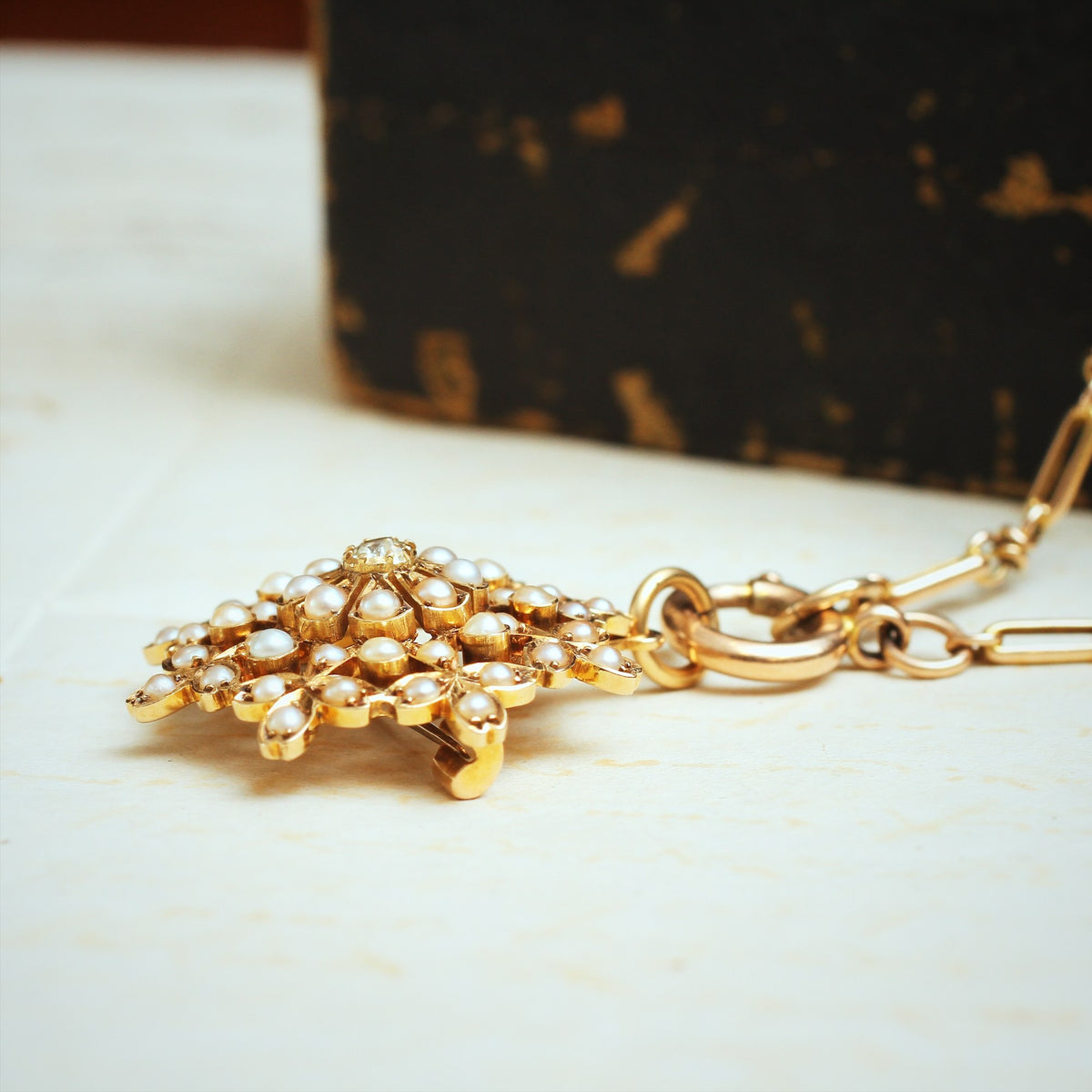Antique 15ct Gold Seed Pearl & Diamond Pendant and Chain