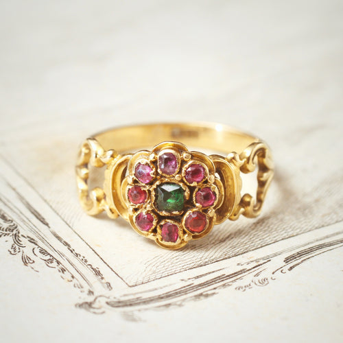 Early Victorian Ruby & Emerald Floral Cluster Ring