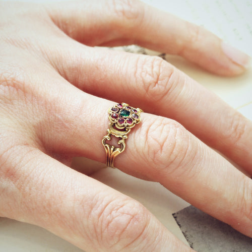 Early Victorian Ruby & Emerald Floral Cluster Ring