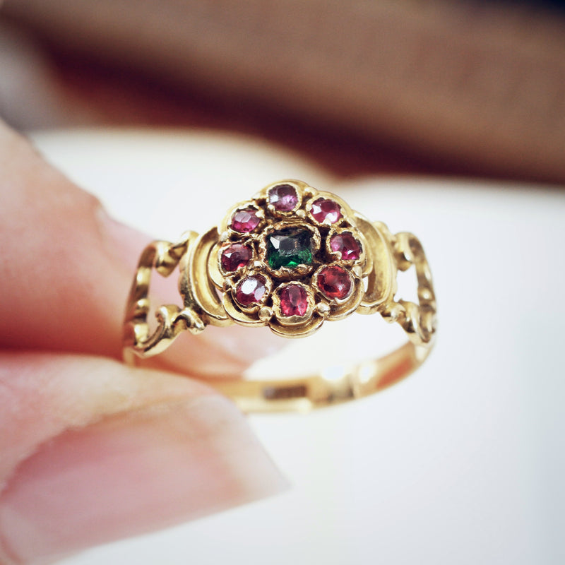 Early Victorian Ruby & Emerald Floral Cluster Ring