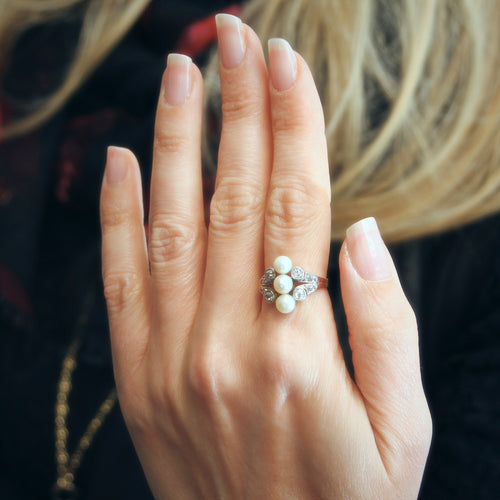 Antique Art Nouveau Natural Pearl & Diamond Ring