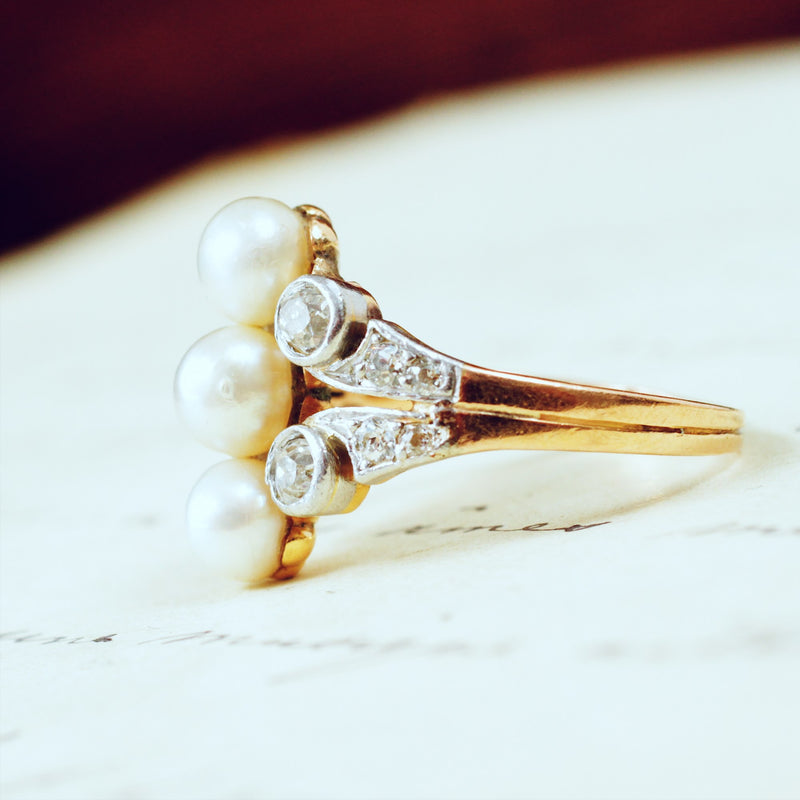 Antique Art Nouveau Natural Pearl & Diamond Ring