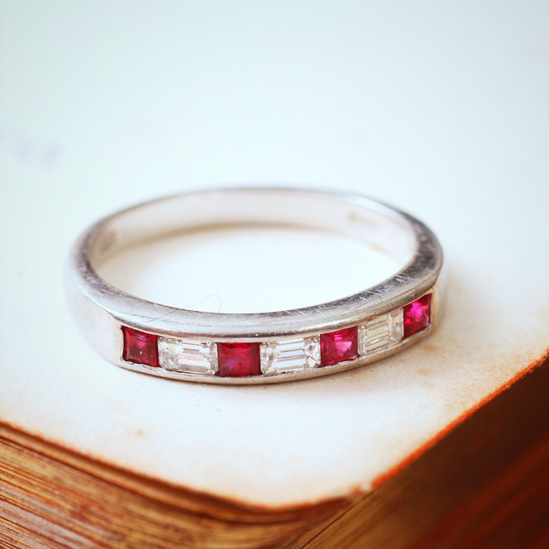 Pristine Ruby and Emerald Cut Diamond Band