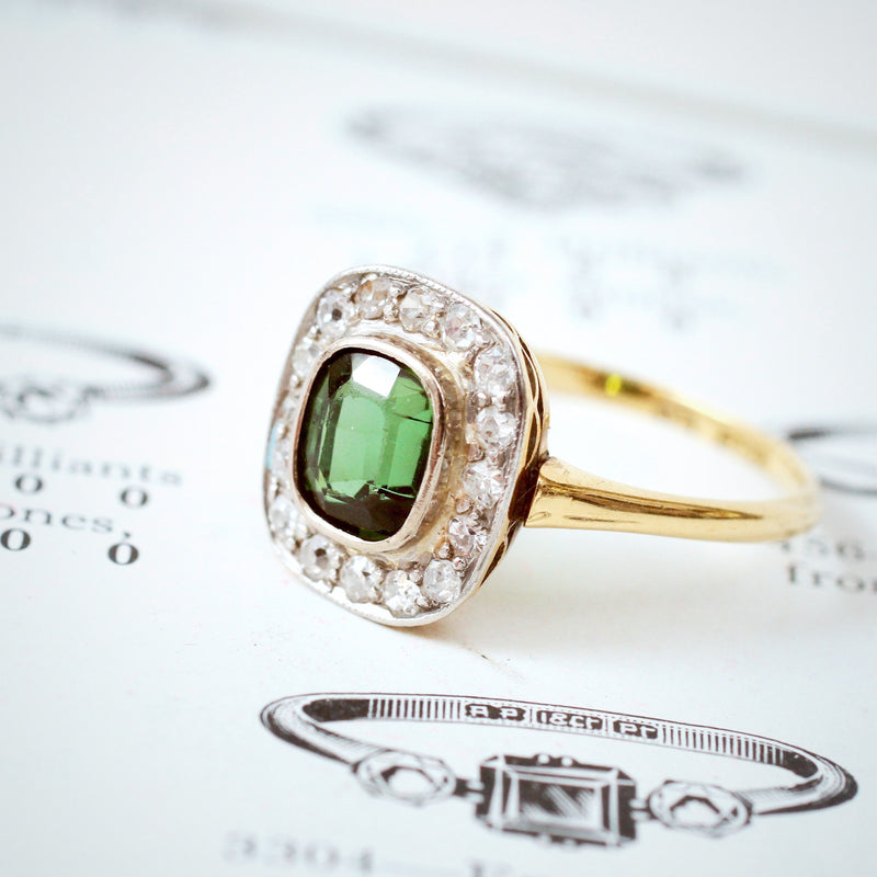 Art Deco Styled Vintage Green Tourmaline & Diamond Ring