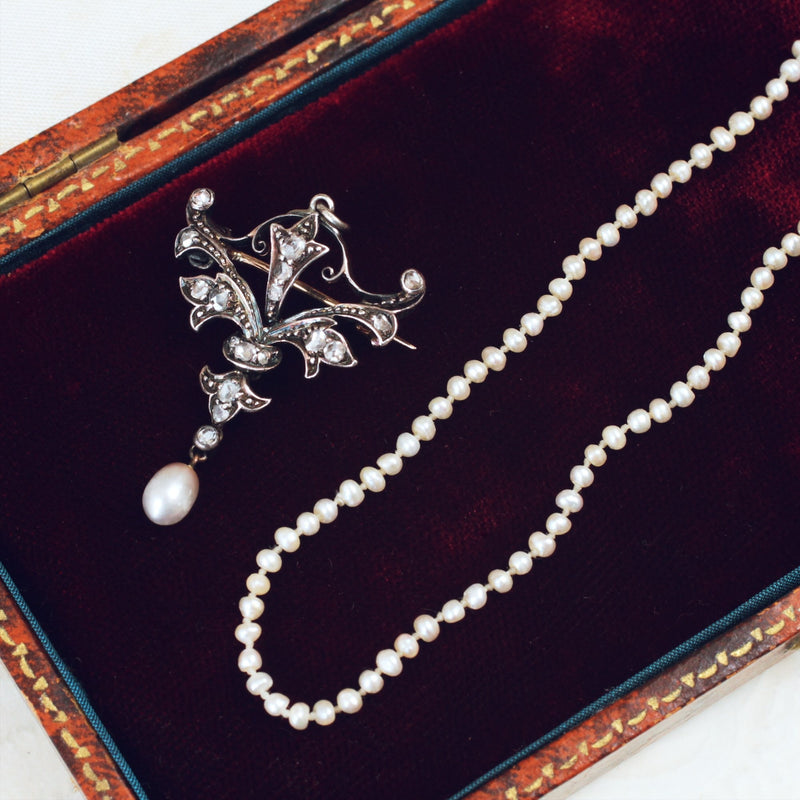 Precious Antique Natural Pearl Diamond Necklace Fetheray