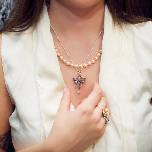 Precious Antique Natural Pearl & Diamond Necklace