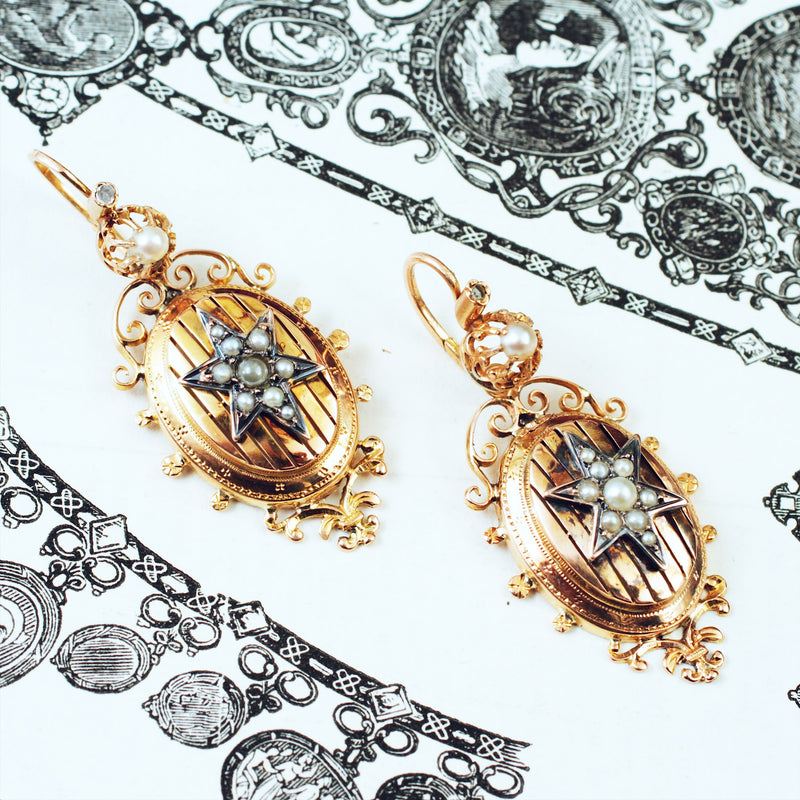 Antique French 'Night & Day' 18ct Gold Pearl Earrings