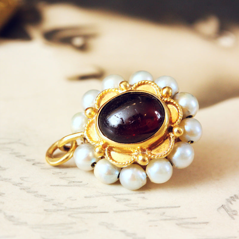 Renaissance Style Cabochon Garnet & Pearl Pendant