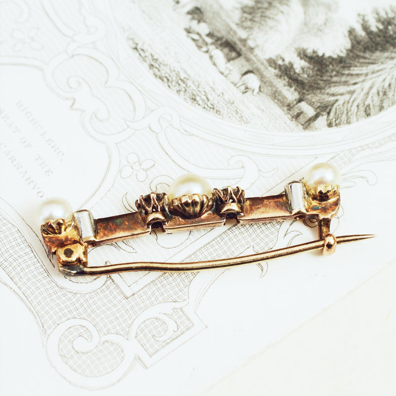 Antique Victorian Natural Pearl & Diamond Brooch in Original Box