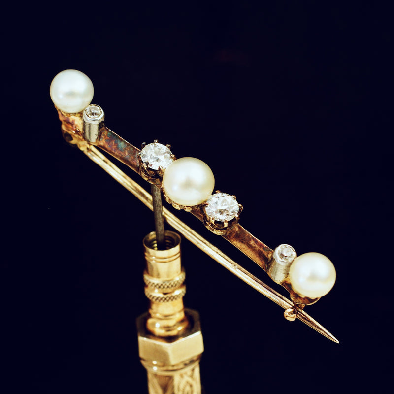 Antique Victorian Natural Pearl & Diamond Brooch in Original Box