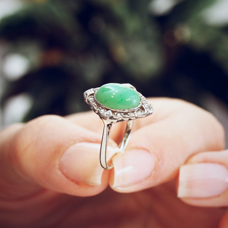 Superb Gem Quality Antique Jade & Diamond Ring