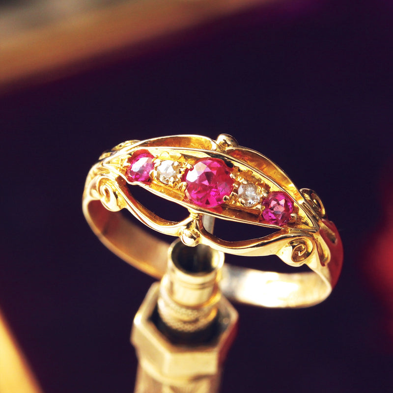 Edwardian 18ct Gold, Burma Ruby and Diamond Scroll Ring (245S) | The Antique  Jewellery Company