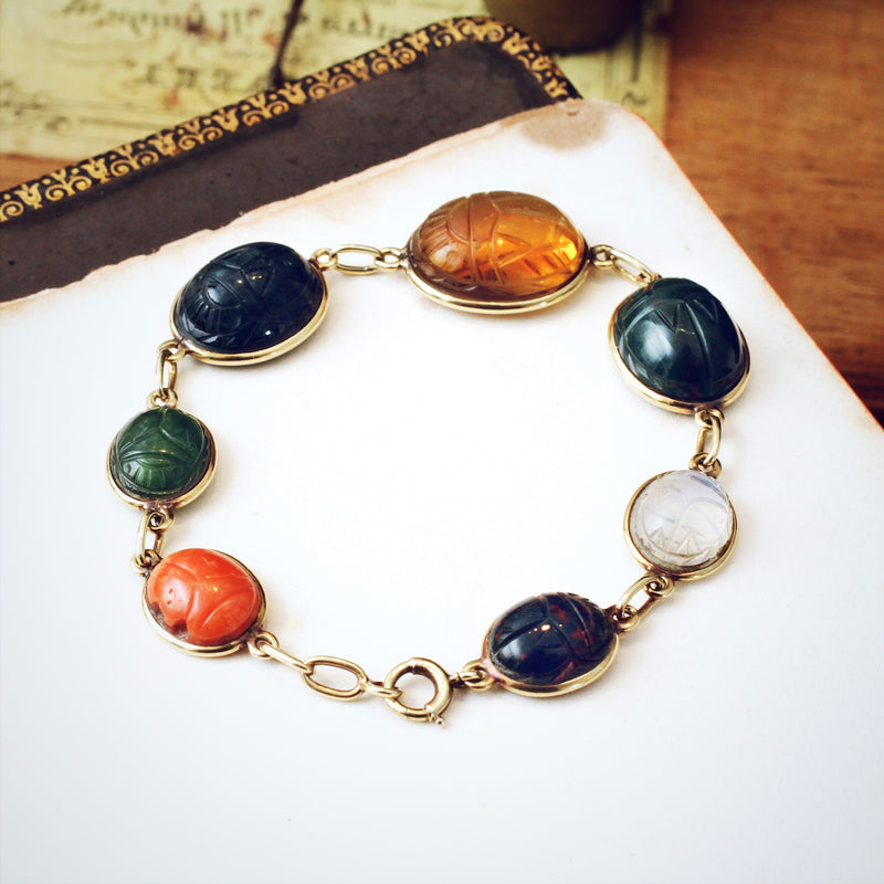 Scarab Bracelet Gold Carnelian Onyx & Tiger Eye