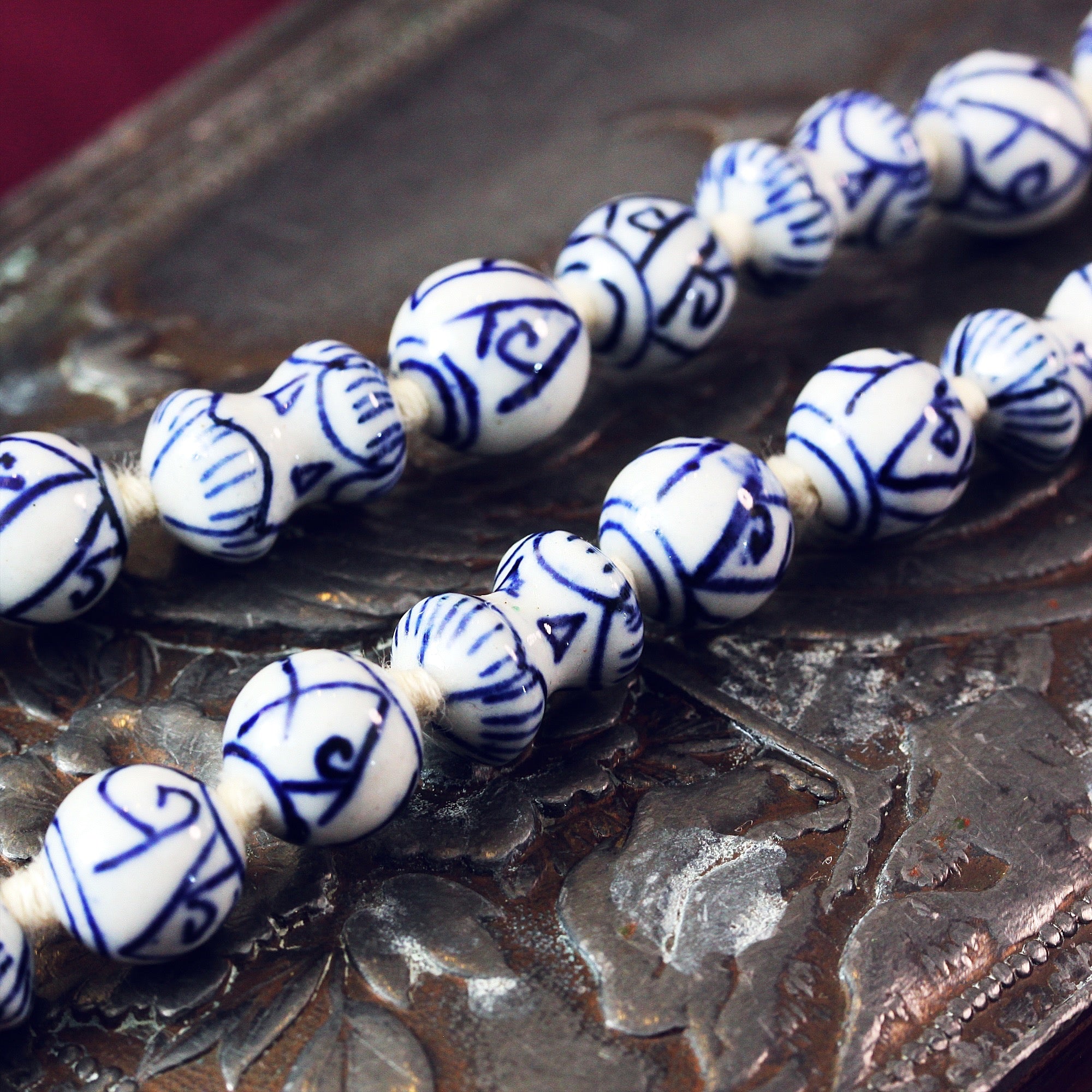 Vintage Chinese Blue White Porcelain Bead Necklace Fetheray
