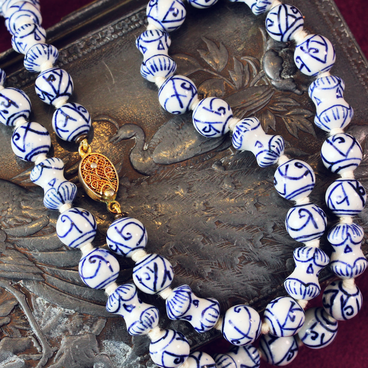 Vintage Chinese Blue & White Porcelain Bead Necklace