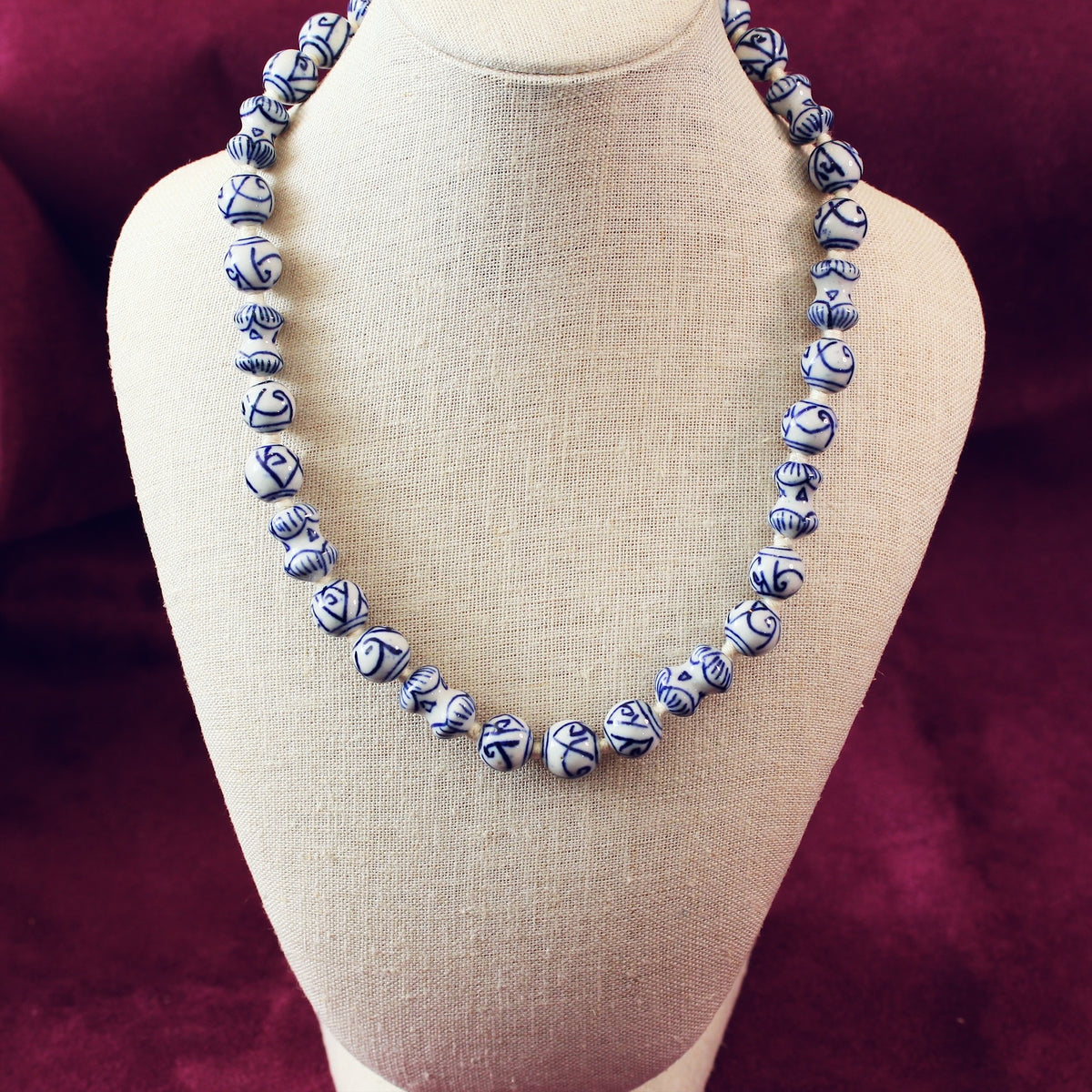 Vintage Chinese Blue & White Porcelain Bead Necklace