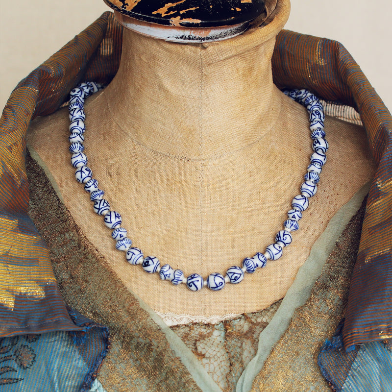 Vintage Chinese Blue & White Porcelain Bead Necklace