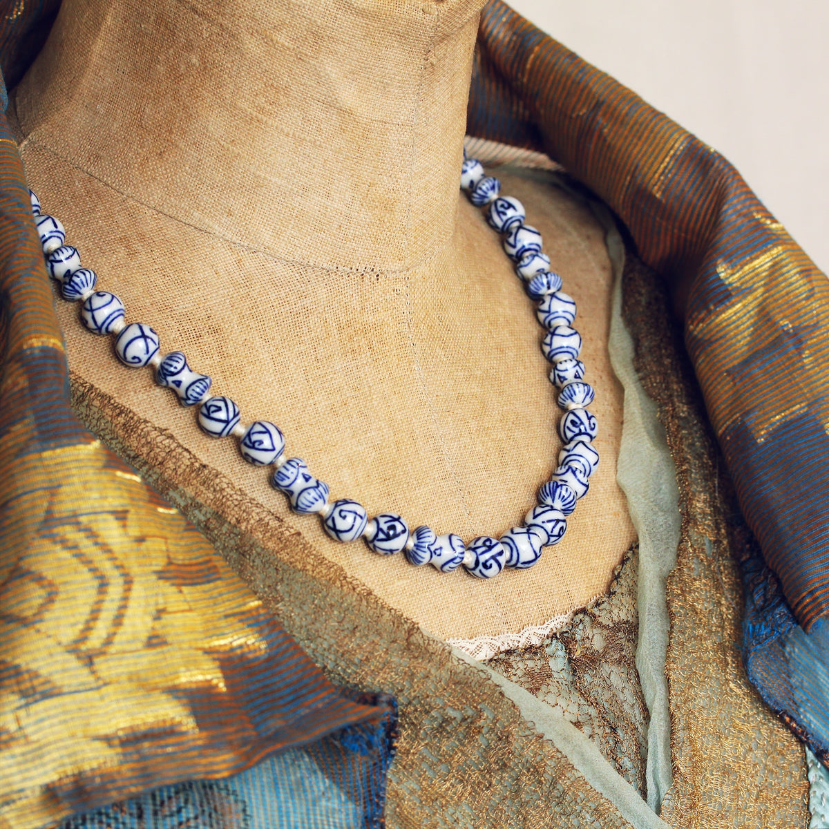 Vintage Chinese Blue & White Porcelain Bead Necklace