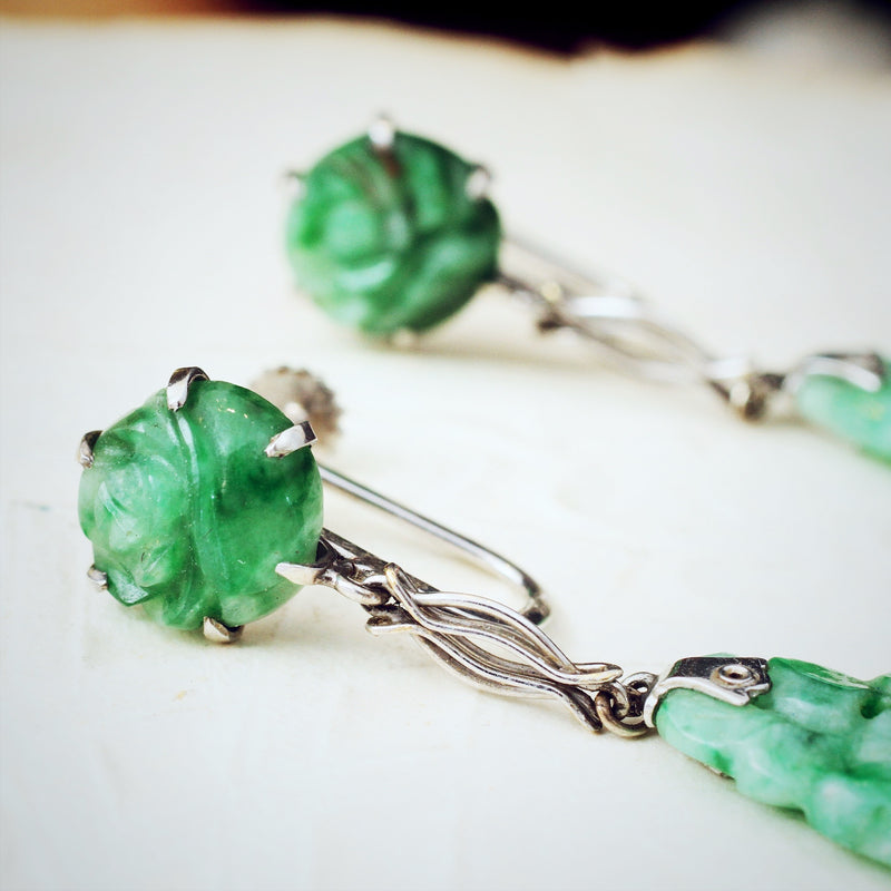 Hand Carved Vintage Jadeite Drop Earrings