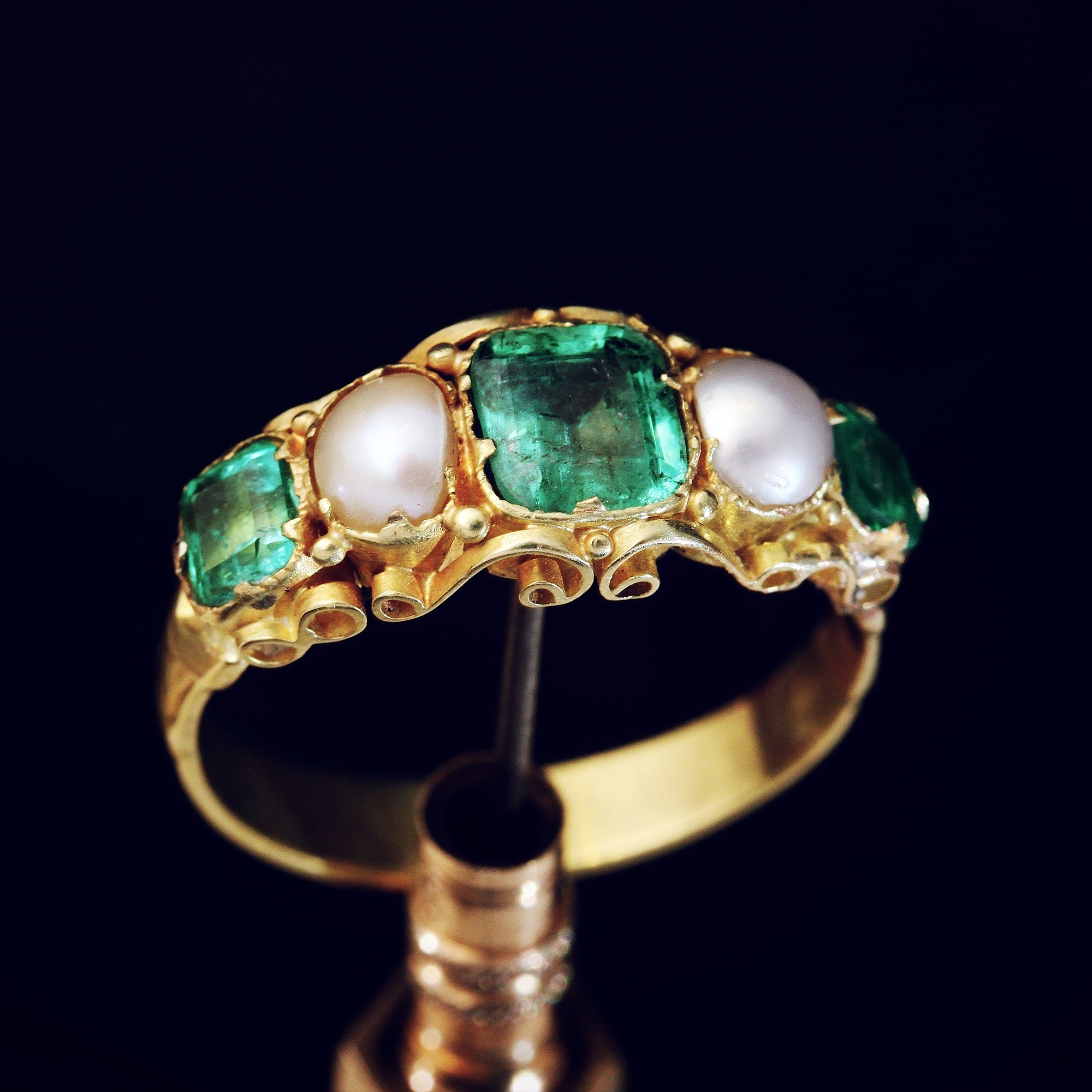 14K yellow gold handsculpt Jade with seed Pearls Ring - Pierce Jewelers