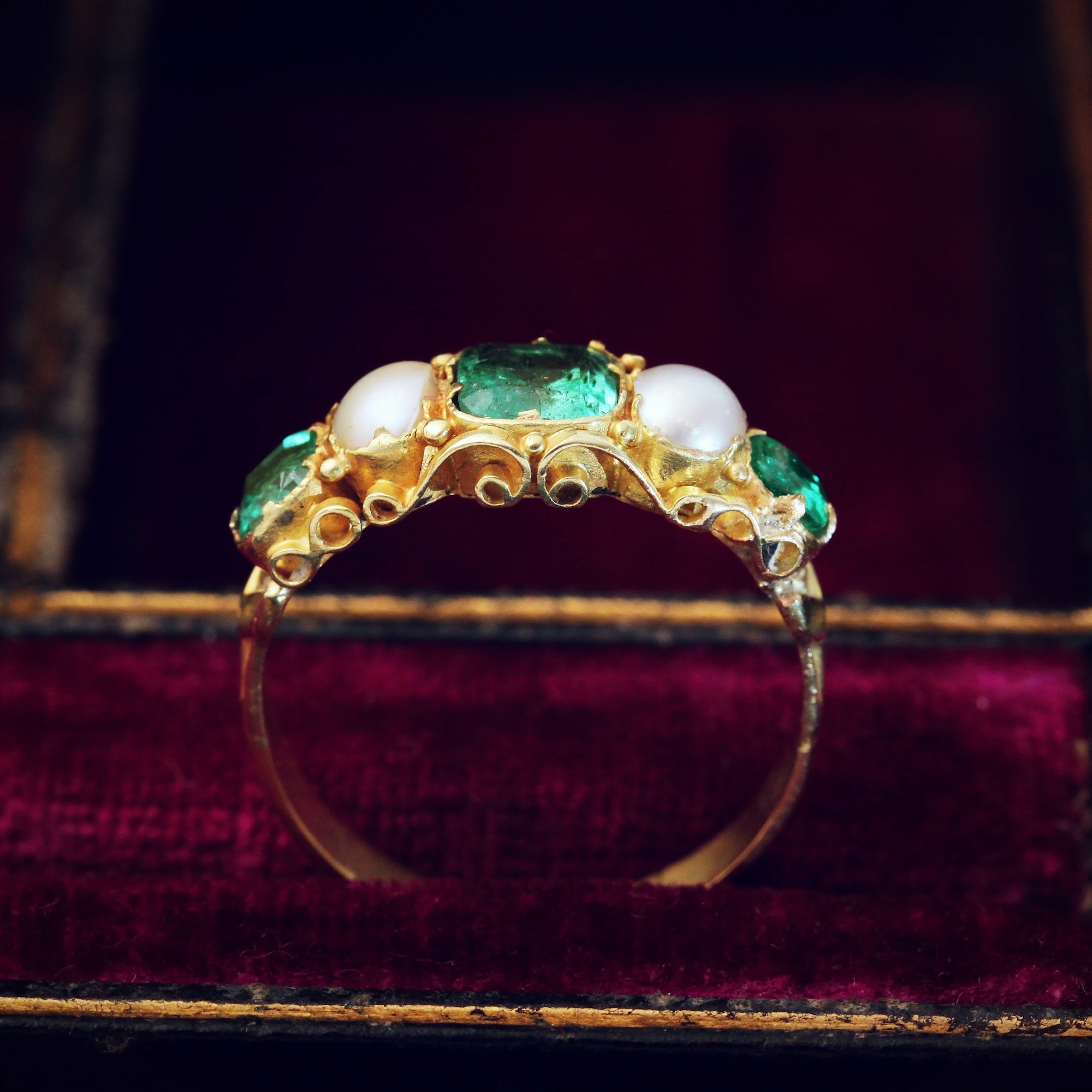 Antique Victorian Emerald Natural Pearl Ring Fetheray