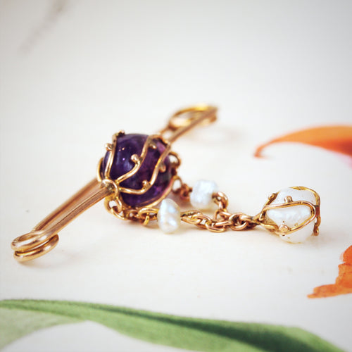 Edwardian Amethyst and Natural Pearl Brooch